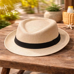 Beige straw fedora hat