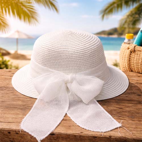 Straw hat with white bow