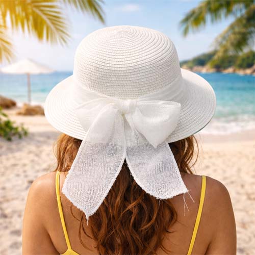 Straw hat with white bow